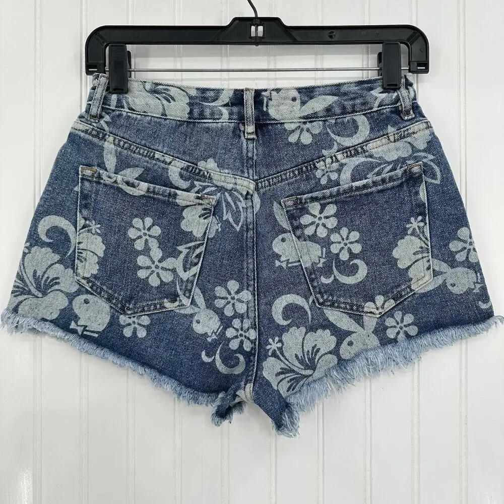 PlayBoy Pacsun Shorts Womens 27 Blue Jean Denim Fringe 90s Grunge Floral Bunny